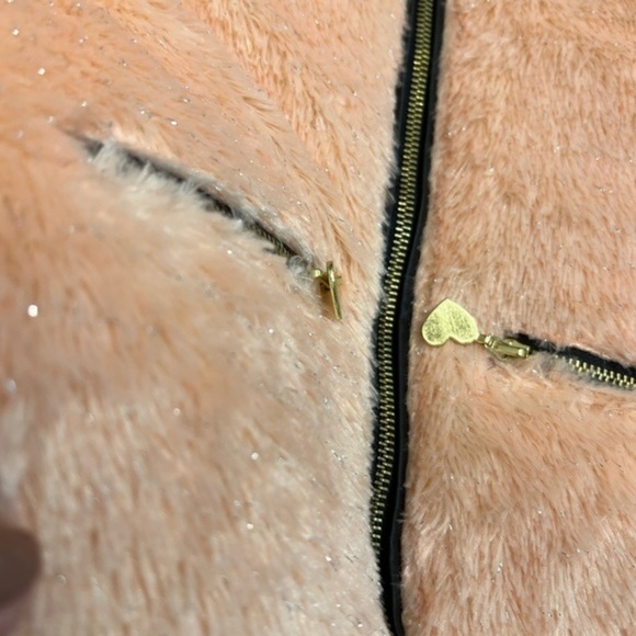 Betsey Johnson Fuzzy Sparkly Peach Coat with Faux Leather Sleeves - Picture 4 of 15